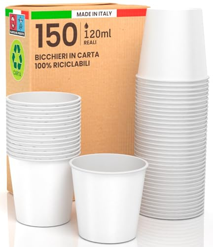 Baciato Caffè 150 Bicchieri in Carta Bianchi 120ml Ecologici Biodegradabili Monouso Made in Italy Asporto Bevande Calde Acqua - Prodotto e confezionato in Italia