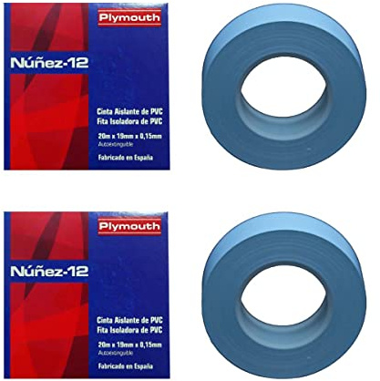 RASMACOR | Pack 2 unidades Cinta aislante Azul de PVC Nuñez-Plymouth 5083 | 20m x 19mm x 0,15mm | Autoextinguible | Para todo tipo de aplicaciones mecánicas y eléctricas