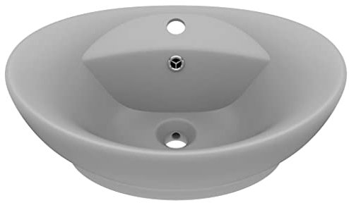 Waschbecken Oval Aufsatzwaschbecken für das Badezimmer und Gäste-WC, Waschschale mit Hahnloch und Überlauf, Aufsatzbecken Handwaschbecken, Matt Hellgrau 58,5x39cm Keramik