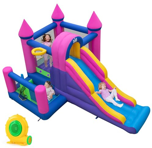 Maxmass Inflatable Bounce House, Kids Bouncy Castle with Slides, Ball Pit, Basketball Hoop, Pitching Game, Jumping Bouncer Playhouse for Indoor Outdoor Backyard (Castle Theme with Blower)