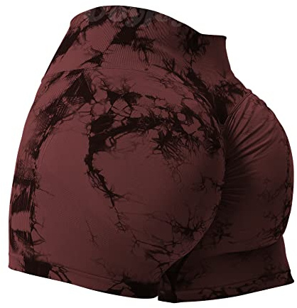 VOYJOY Short de sport pour femme - Short scrunch taille haute pour soulever les fesses - Short de gym sans couture - Short de yoga et de motard, rouge/marron, Taille M