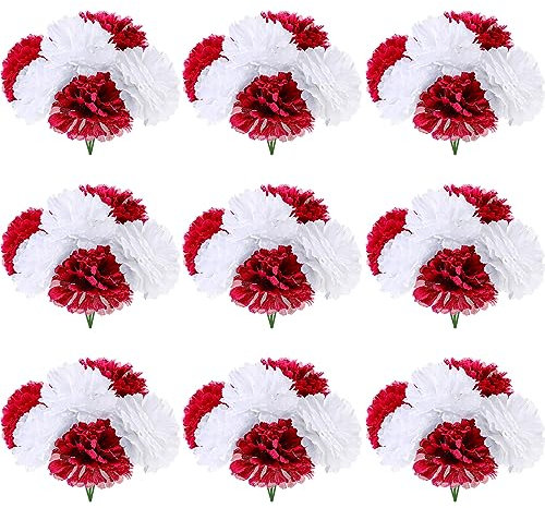 Tigeen 120 piezas de claveles artificiales de seda para decoración de bodas, bricolaje, arreglos funerarios, coronas de diámetro de 3.5 pulgadas y tallo de 6 pulgadas (rojo, blanco)