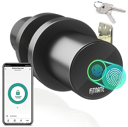 FITNATE Smart Lock Fingerprint Door Knob, Biometric Door Lock Fingerprint Key with App Control, Bluetooth Smart Deadbolt, Touch to Digital Door Lock for Bedroom,Home,Hotel,Office, Black
