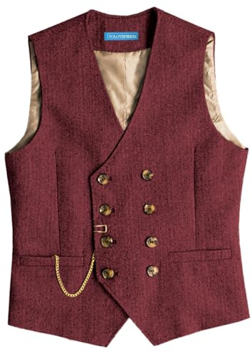 Solovedress Gilet de costume vintage en laine pour homme, coupe droite, gilet de costume pour mariage, bordeaux, L