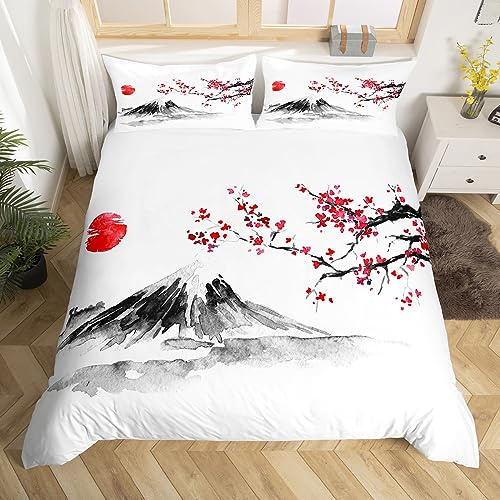 Fleurs de Cerisier Housse de Couette Ensemble Femmes Chic Literie Cherry Japonais Ensemble Adolescent Chambre décor Exotique Mont Fuji Parure de Lit 220x240cm Nature Paysage Art Fleur literie Doux