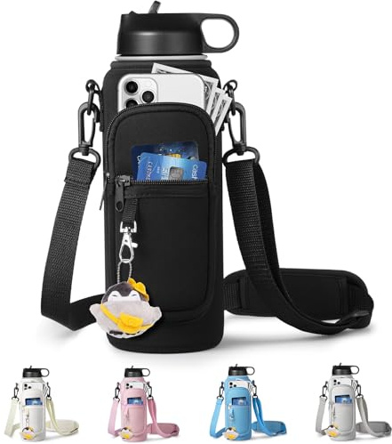 RRegeny Water Bottle Holder with Strap for Hydroflask 32oz 40oz, Carrier Sling Bag with Phone Pocket Sleeve for Men Women Hiking Camping Travelling（black24/32oz）