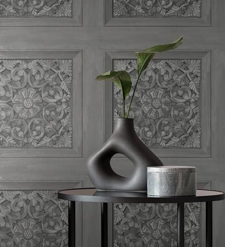 GAULAN 682359 Papier peint caissons baroques gris effet bois sculpté sans relief pour mur salon chambre couloir stanza salle à mange tête de lit hall - Rouleaux de 10 m x 0,53 m