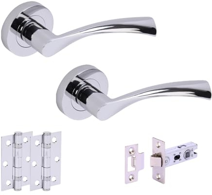 Hunta HANDLEZONE® Lobo Internal Door Handle Latch Pack, Complete with Lever On Rose Handles, 65mm Latch, 75mm Ball Bearing Hinges - Polished Chrome