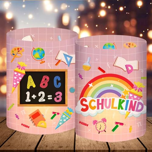 12 Windlicht Tischdeko Einschulung Mädchen, Schulanfang Deko Rosa, Schulkind 2024 Party Tisch Deko Set, Einschulungsdeko Mädchen mit Zuckertüte und ABC, 1. Schultag, Geeignet für Teelichter