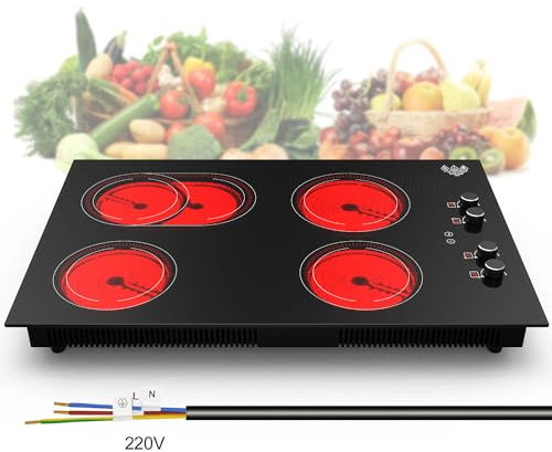 GIHETKUT 4 Burner Electric Cooktop,7200W Built-in & Countertop 30 inch stove top with 9 Power Levels, Child Safety Lock & 99 mins Timer, 30 inch Electric Cooktop 220-240V (No Plug)