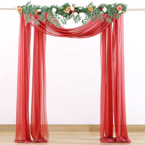 FANSU Set mit 2 Stück Vorhang Hochzeitsbogen, Querbehang Freihanddeko Chiffon Tüll Stoff Deko Vorhang Hochzeit Querbehang Deko Gardinen für Party Zeremonie (Rot,2.4x18ft/75x550cm)