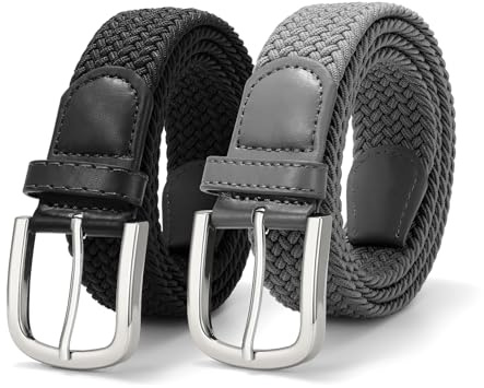 JASGOOD 2 Pack Men Braided Canvas Stretch Belt Elastic Casual Belt for Men Women,Junior 1.3 Inch Wide,Black+Grey/Silver Buckle