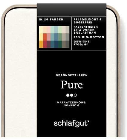Schlafgut Pure Spannbettlaken 180x200cm bis 200x220cm - 95% Biobaumwolle, 5% Elasthan, Oeko-TEX Zertifiziert, Off-White, Matratzenhöhe bis 35cm