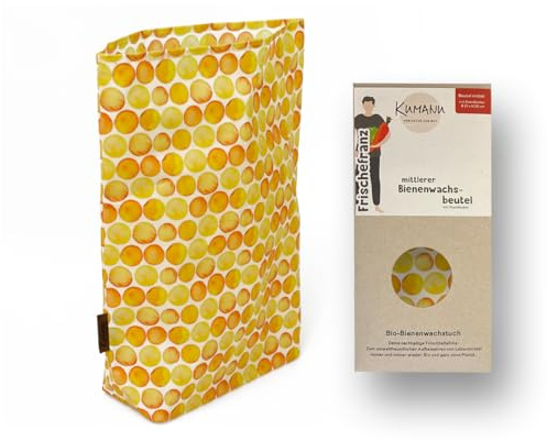 Ekologisk bivaxduk – påse färsk frans medium | H 28 cm x B22 cm med stativ (gula cirklar)