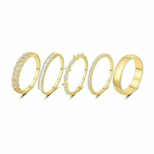 TOFBS 5 Stück Elegante Stapelbare Zirkonia Ringe Set 14k Gold Plattiert Glänzende Kristall Schmuck Damenringe Kombination Hochwertige Schmuckstücke