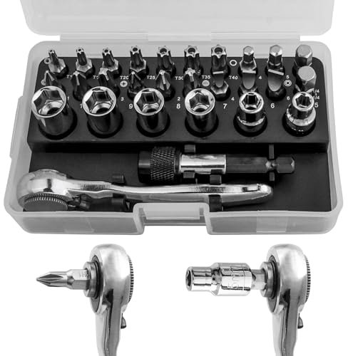 YAKAMOZ 28 in 1 Mini Ratchet Screwdriver Bit Socket Set, Right Angle Small Ratchet Wrench with 1/4 Drive Sockets and Torx Slotted Hex Phillips Bits Multifunction Repair Tool Kit for Tight Spaces