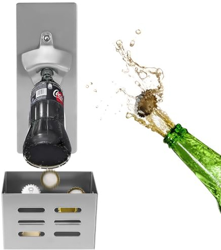 Wowlela Flaschenöffner, Wand Flaschenöffner mit Magnet, Edelstahl Wandmontierter Bieröffner mit Auffangbehälter, Flaschenöffner zur Bierkappenöffner, Geschenk für Männer & Bierliebhaber