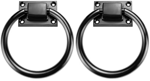 2 Packs 3.8 Black Round Ring Door Pull Handle with 8 Screws, Zinc Alloy Sliding Barn Door Handles, Outdoor Garage Gate Handle for Vintage Wooden Sheds Farmhouse Garden Hallway Closets Drawers (2Pcs)