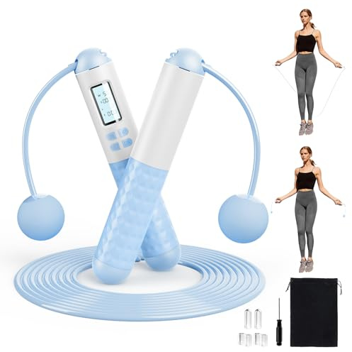 Tuocal Cordes à sauter sans fil pour adultes, corde à sauter sans corde avec compteur numérique intelligent, corde à sauter lestée sans fil avec corde supplémentaire et sac de rangement pour fitness