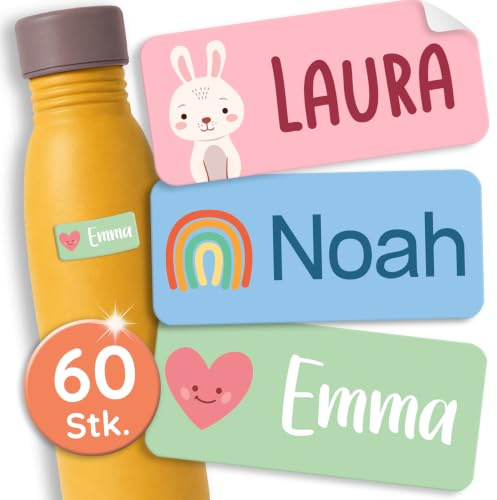 60 Stück Namensaufkleber für Kinder - Kita/Schule (Dunkelgrün) | Waschmaschinenfeste und Personalisierte Namensschilder für Kleidung, Selbstklebende Namenssticker