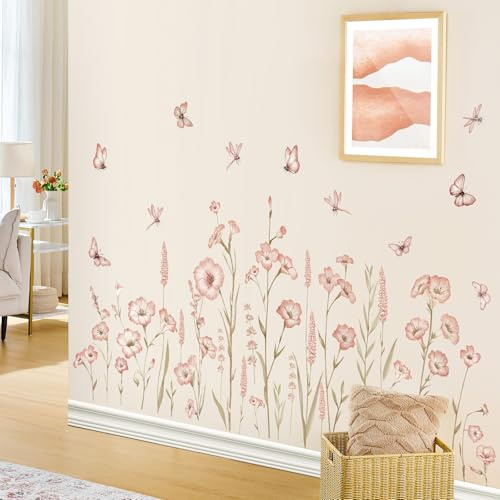 SHUCHING Wandtattoo Blumen Rosa, Wandsticker Wildblumen, Selbstklebend Wandaufkleber für Mädchen Wohnzimmer Schlafzimmer