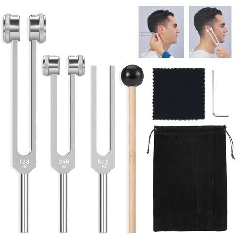 Stimmgabel-Set, 128 Hz + 256 Hz + 512 Hz, gewichtetes und ungewichtetes Stimmgabel-Set für Heilung von Chakra-Soundtherapie-Instrumenten mit Stimmgabel-Aktivator und Aufbewahrungstasche, 4 Stück
