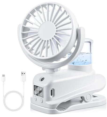 JIZZU USB Ventilator mit Wassernebel, 4 Geschwindigkeiten Wind, mit Clip