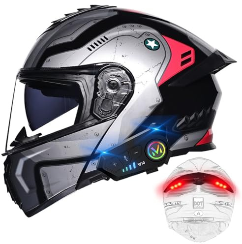 BYGMWEP Motorradhelm mit Bluetooth, Klapphelm mit Rücklicht, Modulare Helm, ECE Zertifiziert Integralhelm mit Doppelvisier, mit Eingebautem Mikrofon für Erwachsene Frauen Männer M~XXXL