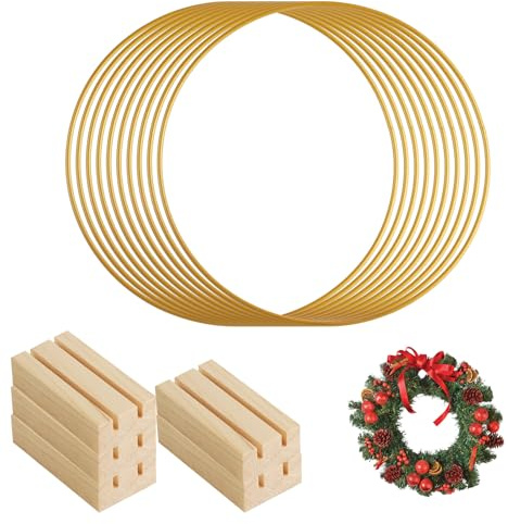 10 anillos metálicos de 20 cm para manualidades – Juego de aros dorados para atrapasueños, anillos decorativos, aros para artesanías, bases para colgar, coronas – Incluye 5 soportes de madera