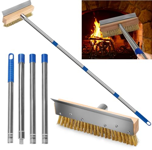 Pizza Oven Brush with Scraper and 4 Sections Detachable Long Rod and Scraper-Oven Brush for Removing Deep Burned-On Residue | Ideal for Pizza Shelf & Large Grills and Pizza Oven Accessories