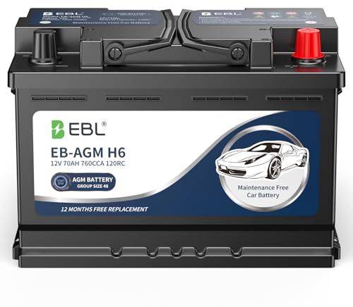 EBL BCI Group 48 Car Battery,12V 70Ah Size H6 Performance Series AGM Battery - High Power 760CCA 120RC, Maintenance-Free & Leakproof Design