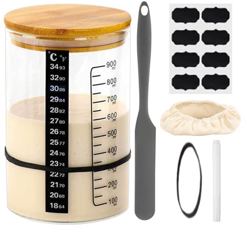 Tarro de fermentación – Kit para hacer yogurt | Juego de tarros de inicio con marcas de medición, tapa hermética, cuchara para hornear pan, mezcla de , cultivo en casa para principiantes