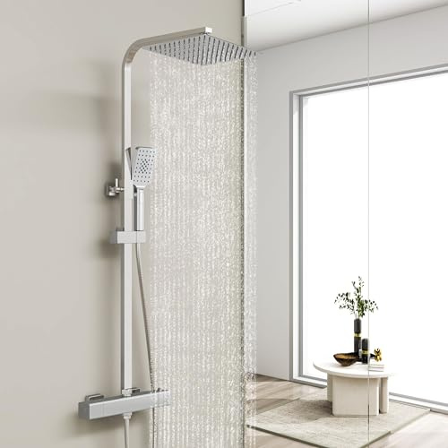 HAPAOSO Colonne de Douche Thermostatique 38 °C en Laiton, Ensemble de Douche pour Salle de Bain, Douche de Tête 25 x 25 cm, Douchette à Main à 3 Modes, Hauteur Réglable