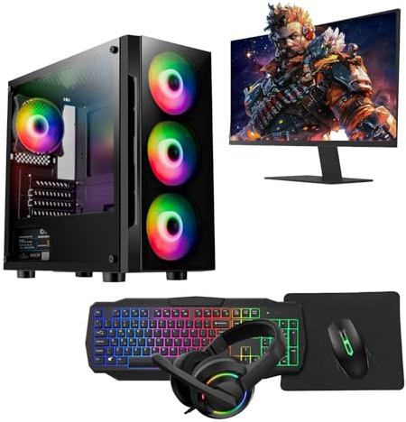 Gaming PC – Intel Core i7, GT710 2GB Graphics, 16GB RAM, 1TB HDD+128GB SSD, 22 Monitor, Keyboard, Mouse, Headset, Windows 11, WiFi – Gaming PC Bundle (Flash Black)