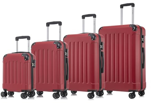 YONSLY Koffer Suitcase Set, Trolley Reisekoffer, Rollkoffer Handgepäck, Kofferset, Gepäckset mit 4 Rollen 360°, Hartschalenreisekoffer, Zahlenschloss, Weicher Gummigriff (4er Set, S,M,L&XL, Rot)