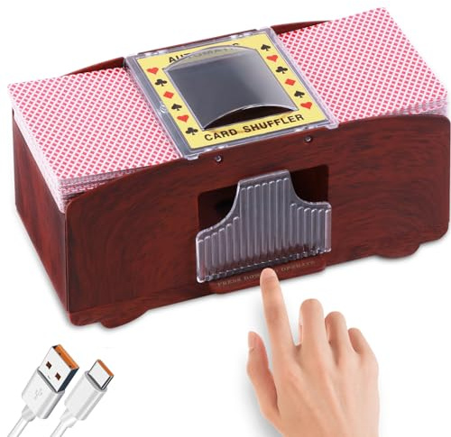 HJCMikee Mélangeur Automatique de Cartes, 1 à 2 Jeux, Grain de Bois de Luxe, mélangeur de Cartes électrique pour Cartes, Alimentation par Batterie ou USB