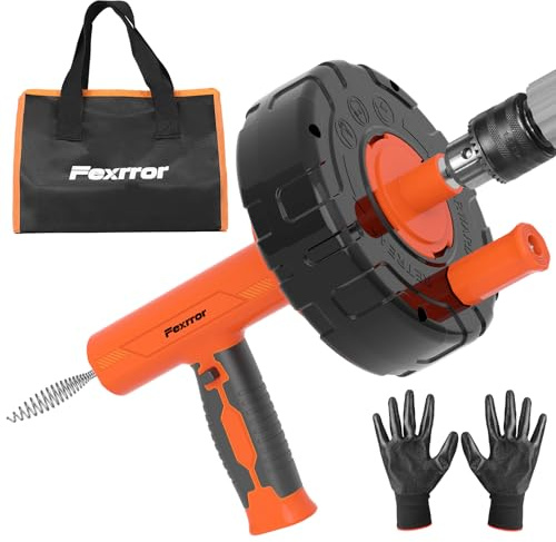 Fexrror Furet Déboucheur Canalisation 33FT/10M avec Alimentation Automatique, Embout pour Perceuse et Sac de Rangement - Déboucheur Manuel ou Électrique pour Salle de Bain, Douche et Cuisine