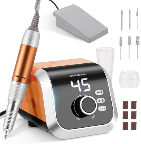 45000 U/M Nagelfräser Elektrisch mit Fußpedal，Fräser Nagelbohrer,Elektrische für Gelnägel mit 45 Getriebestufen, LCD Anzeige, F/R Drehrichtung Pediküre, Acrylnagel Gel Polieren Entfernen, Geeignet