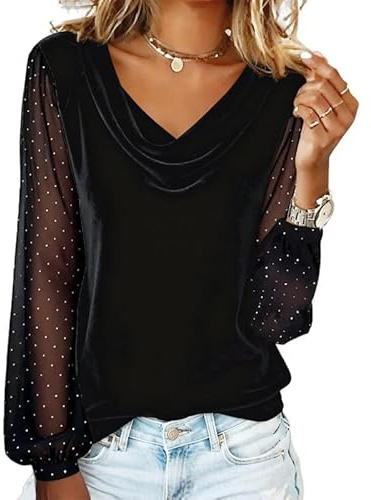 Generisch Camicetta da donna in velluto con collo avvolgente e maniche a rete, scollo a V, a maniche lunghe, elegante top invernale per la sera e le feste, 01, XXL