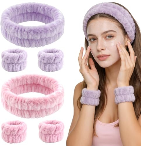 2er-Set Spa-Stirnband und Handgelenkbänder, 2 Haarbänder und 4 Handgelenkmanschetten zum Gesichtwaschen, für die Hautpflege und zum Schminken, saugfähige Handtücher aus Mikrofaser für die Handgelenke