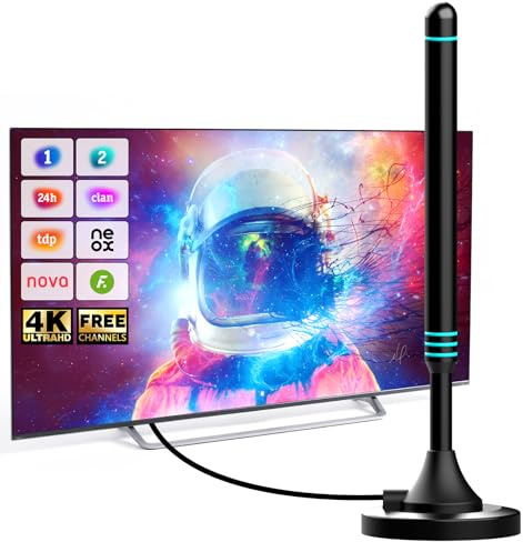 Antena TV Interior 360° Recepción Señal Base Magnética Compatible con Smart TV y Todos los Televisores Soporta 8K 4K 1080P Antenas TV Interiores Potentes para Hogar 5M Cable Coaxial