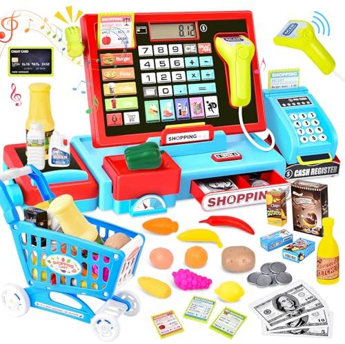 Herenear Registratore di Cassa Giocattolo, Supermercato Giocattolo per Bambini, Con 46 Accessori (Vera Calcolatrice/Scanner/Soldi Finti/Cibo, Ecc.), Giocattolo Per Bambini 3+ Anni
