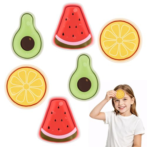 AYBUY Gel Bolsa de Hielo Niños, Bolsa de Gel Niños, 6 PCS Mini Compresas Frías Calientes Reutilizables con 3 frutas, Paquete de hielo para lesiones, alivio de hinchazón dolor Infantiles, 10 x 11 cm, B