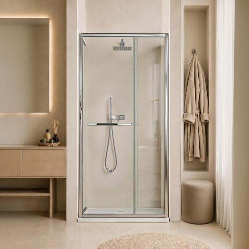 Porta Doccia Nicchia 90 Cm Rototraslante - Vetro Temperato Trasparente 5mm, Profili Cromo Lucido, Chiusura Magnetica, Installazione Reversibile Su Piatto O Filo Pavimento - Linea Nerea