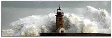 Paul Sinus Art Panoramabild auf Leinwand und Keilrahmen 150x50cm Meer Sturm Welle Leuchtturm