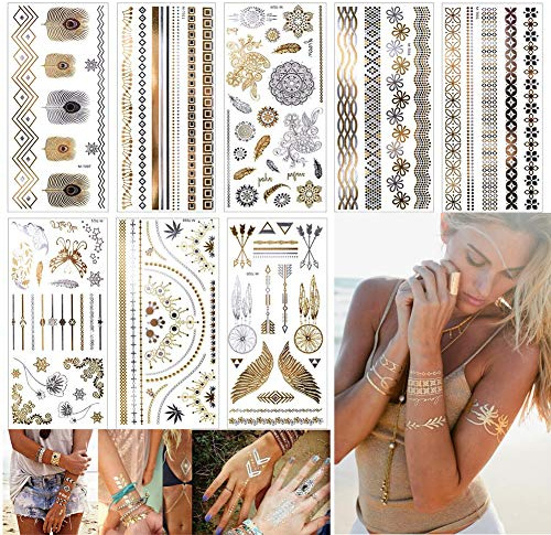 EQLEF Temporäre Metallic Tattoos Aufkleber, 8 Sheets Shiny Körpermotiven Für Frauen Teens Mädchen Gold und Silber Schmuck