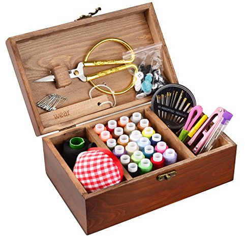 E-isata Wooden Sewing Basket with Kit Accessories Vintage Organize Box for Mon Grandma Girl Women Hobbyist Household Gift
