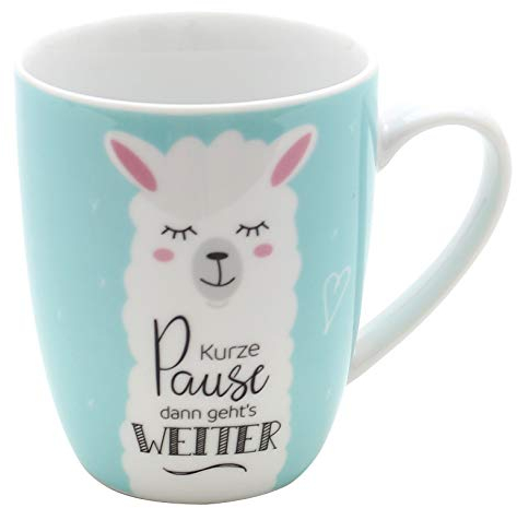 Kaffeebecher/Tasse aus Porzellan, Motiv: Kurze Pause dann geht's weiter. Größe H/Ø: 9,8 x 8,2 cm, Fassungsvermögen 250 ml, Spülmaschinengeeignet.