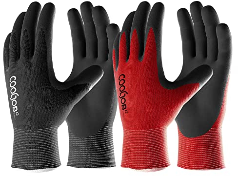 COOLJOB Gardening Gloves for Men, 6 Pairs Work Gloves Men, Durable Garden,Rubber Coated Safety Working for Power Grip, Men’s Large Size Fits Most, Black & Red (Half Dozen M)