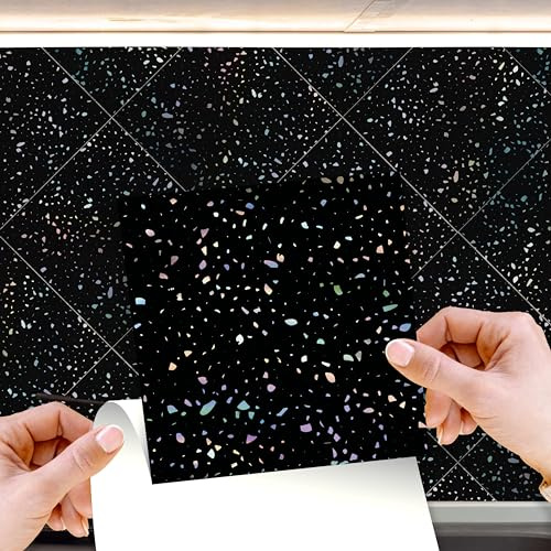 WALPLUS 15cm(6)@120pcs Terrazzo Holographic Glitter Black Wall Tile Sticker Tile Paint Stick on Tiles Peel and Stick Self Adhesive Wall Tiles Stickers for Kitchen Bathroom Tile Transfer Backsplash